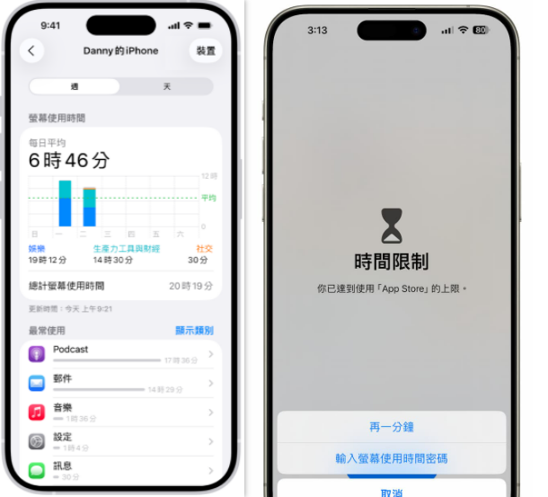 iPhone 螢幕使用時間畫面呈現